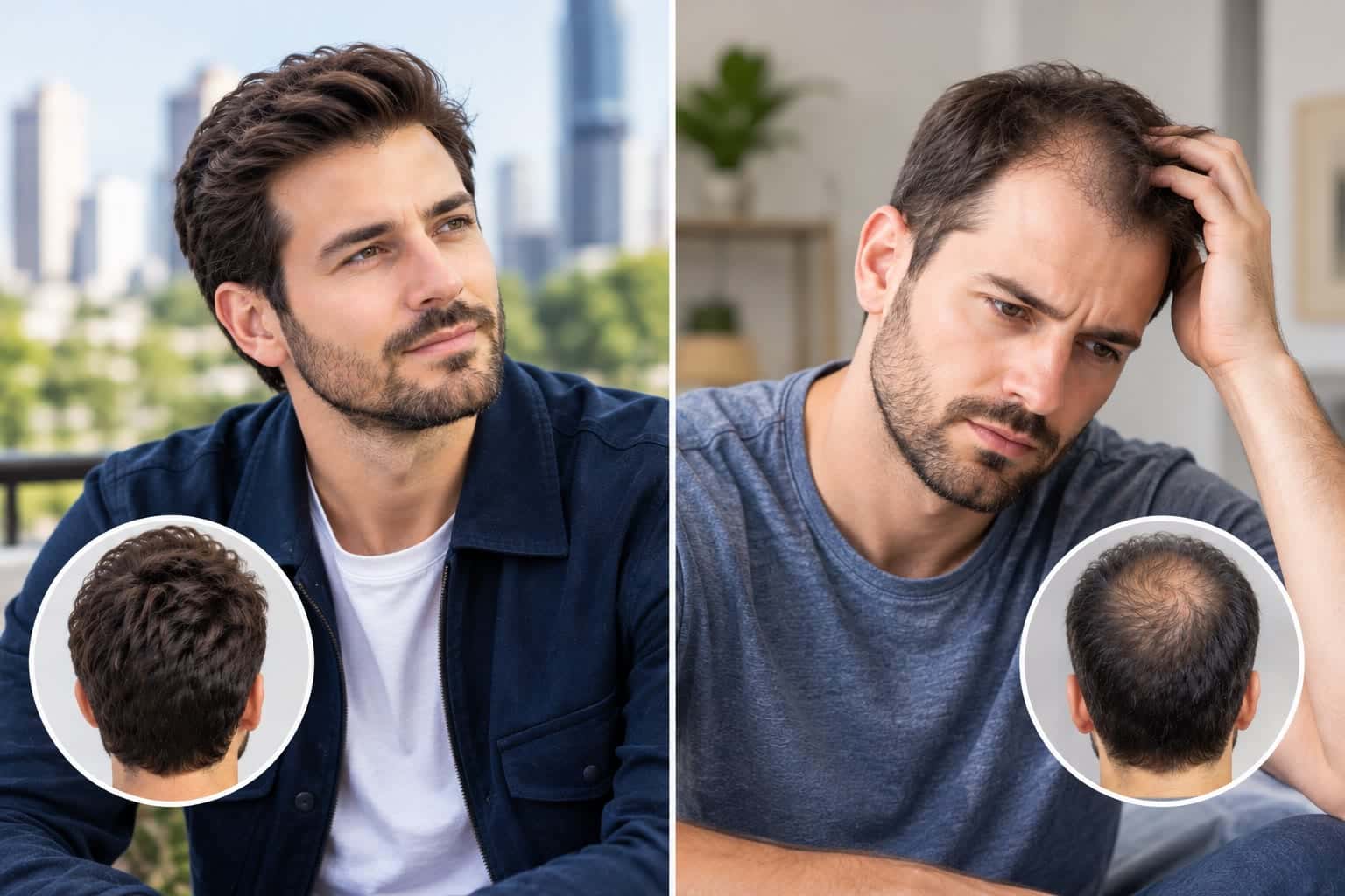 Man with a full hair system, hand resting against his hairline
