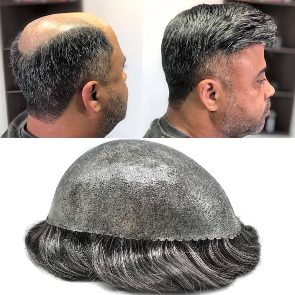 Before and after a salt-and-pepper men's hair unit with the base shown