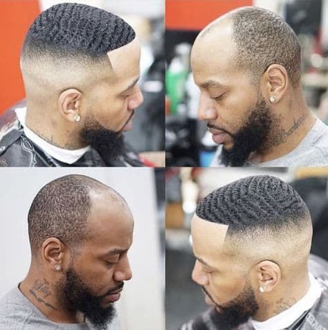 Before and after a men's hair unit with 360 waves and a skin fade