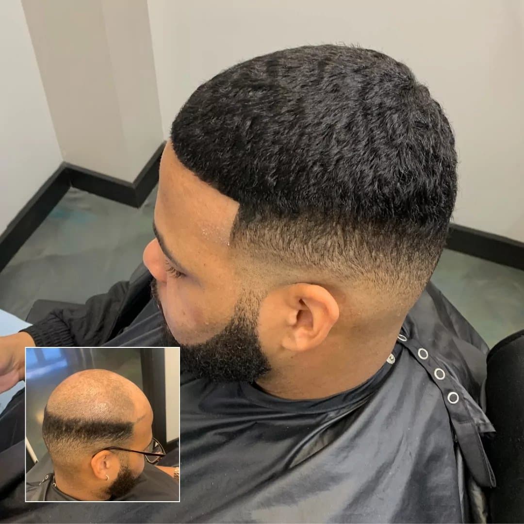 Before and after a curly men's hair unit blended into a fade