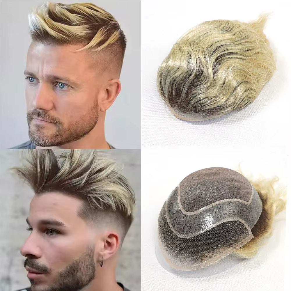 Highlighted men's hairpiece on models with top and base views