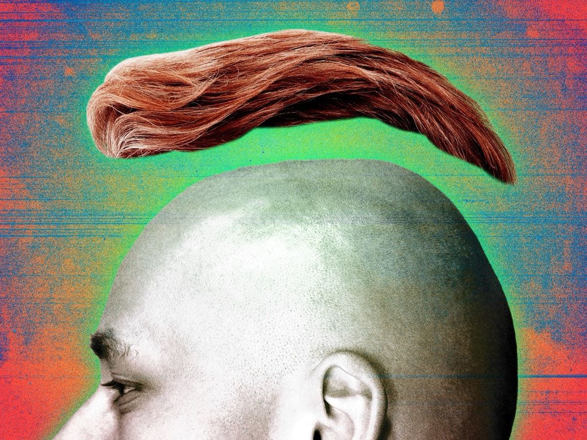 A modern men's toupee shown as a full-coverage crown addition