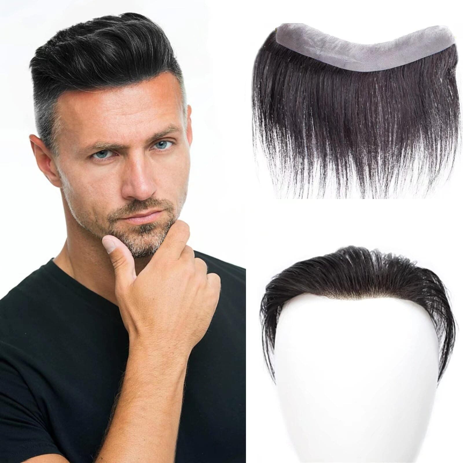 Styled men's toupee with lace base and mannequin fitting views